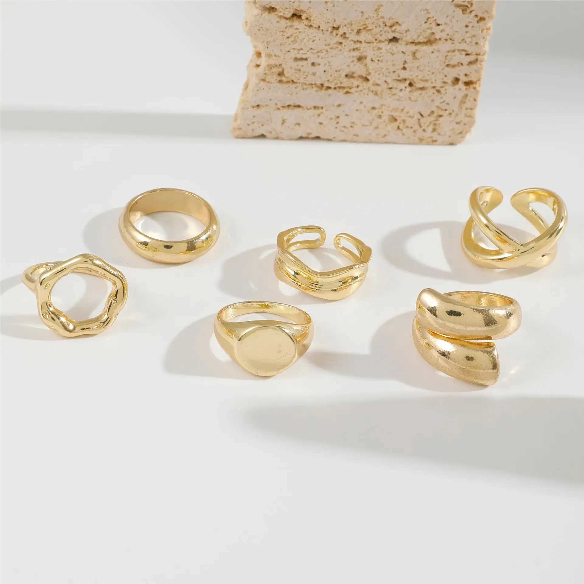 6-piece/set gold smooth Geely open ring set for Exaggerated metal iris thick and thick rings jewelry gifts X250220