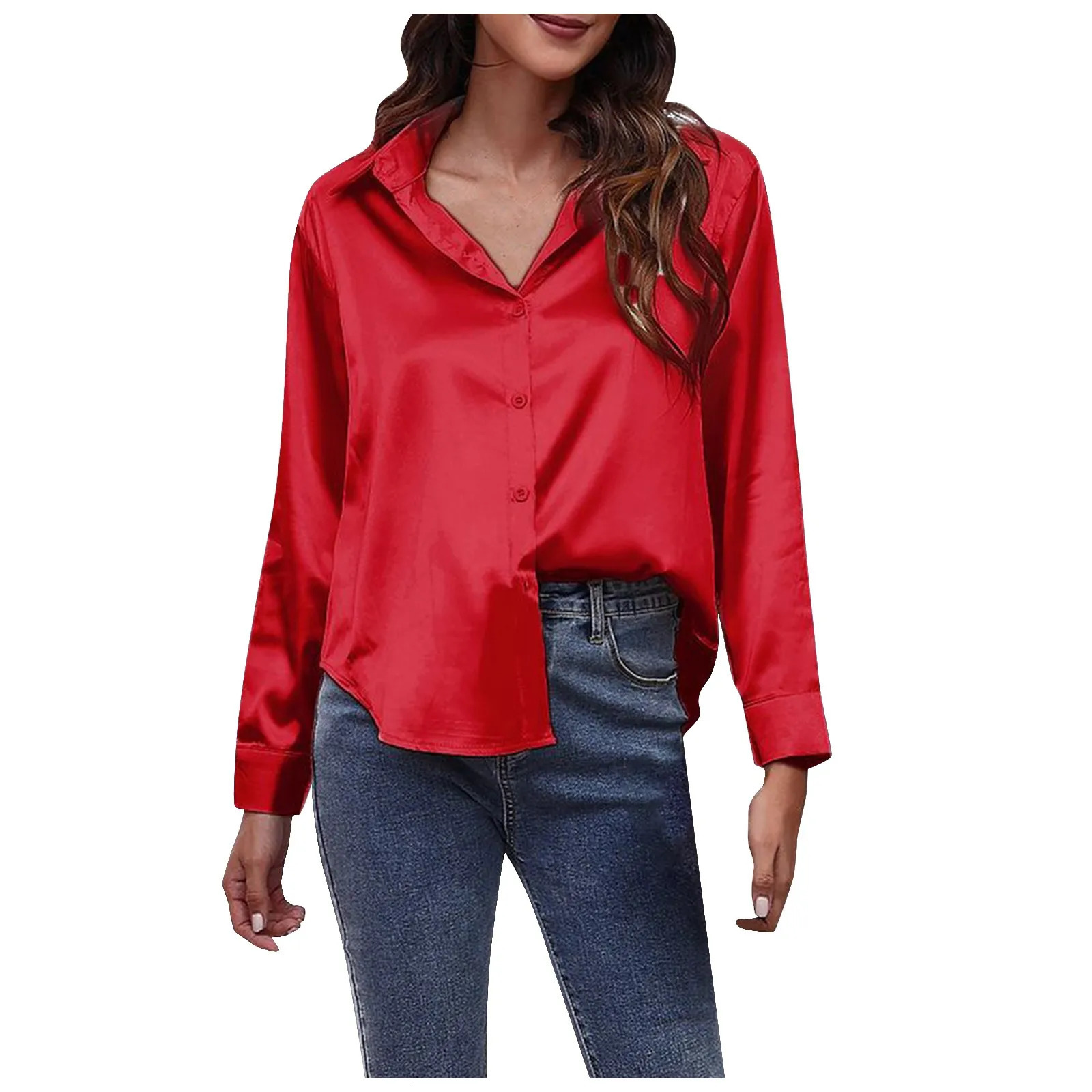 Fashion Solid Color Long Sleeved VNeck Satin Silk Shirts For Women High Street Breathless Daily Chemise Femme Chic 250219