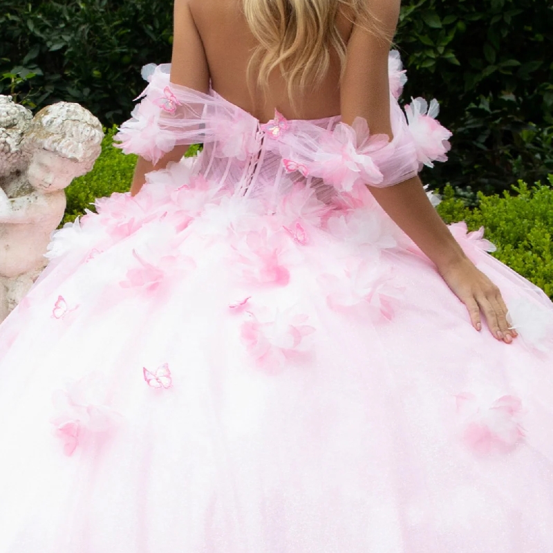 Pink Shiny Quinceanera Dresses Ball Gown Off Shoulder Flower Bow Tull Corset Sweet 16 Dress Vestidos 15 De Anos