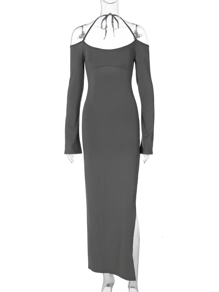 Hugcitar Halter Solid Long Sleeve Backless Lace Up Slit Sexy Slim Maxi Dress Spring Elegant Festival Party Club Clothes Y2K 250219