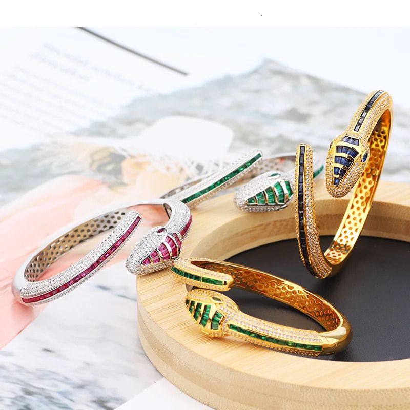 Europe America Style Bracelet Womens Gold Plated Colorful Inlaid Cube Zircon Snake Open Bracelet 250220