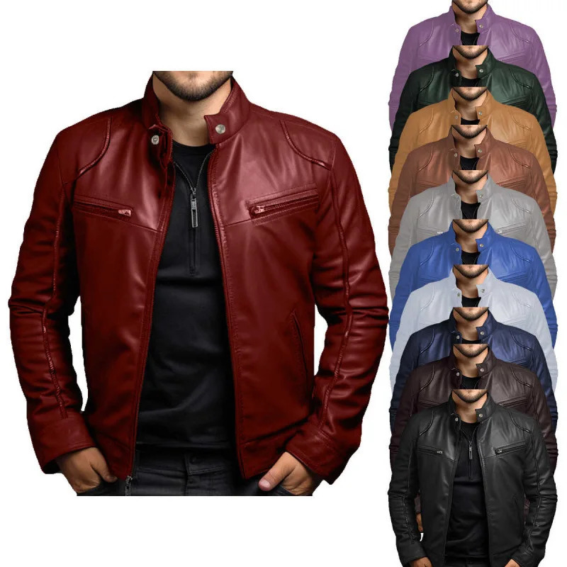 Mens Business PU Leather Jacket for Autumn and Winter Fashionable Stand Up Collar Casual Men 250210