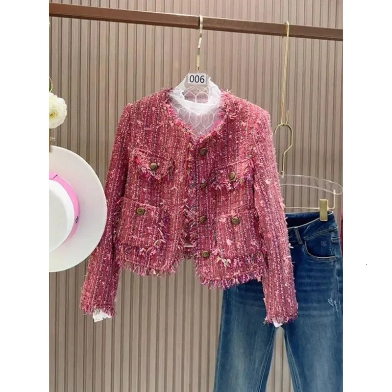 Pink Boucle Jacket Womens Outerwear Autumn Winter French Style Small Size Friendly Crew Neck Pattern Type Other 250214