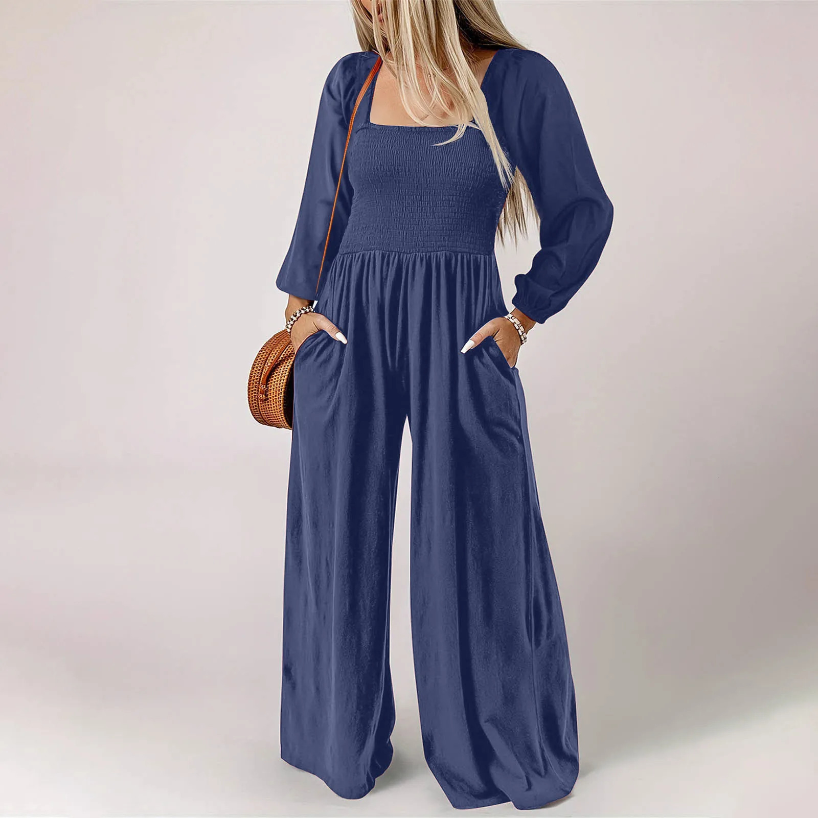 Womens plus size autumn long sleeved jumpsuit casual fashion tight fitting loose pleated wide womens elegant high-quality jumpsuit 250220