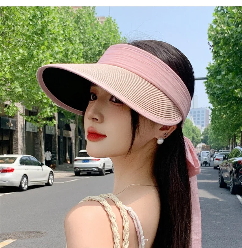 Color Blocking Ice Silk Hairband Hollow Top Hat Korean Fashion Shading Sunscreen Hat Student Outdoor Mountain Climbing Bow 250219