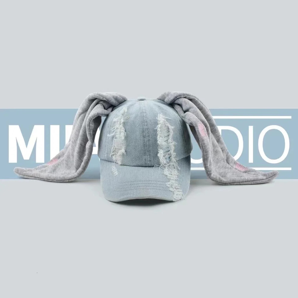 Jeans MinJi Haerin OMG Stage Long Rabbit Ear Hat Y2K Style Denim Blue Baseball Cap Fashion Hip-Pop Cap Couple Birthday Gifts 250214