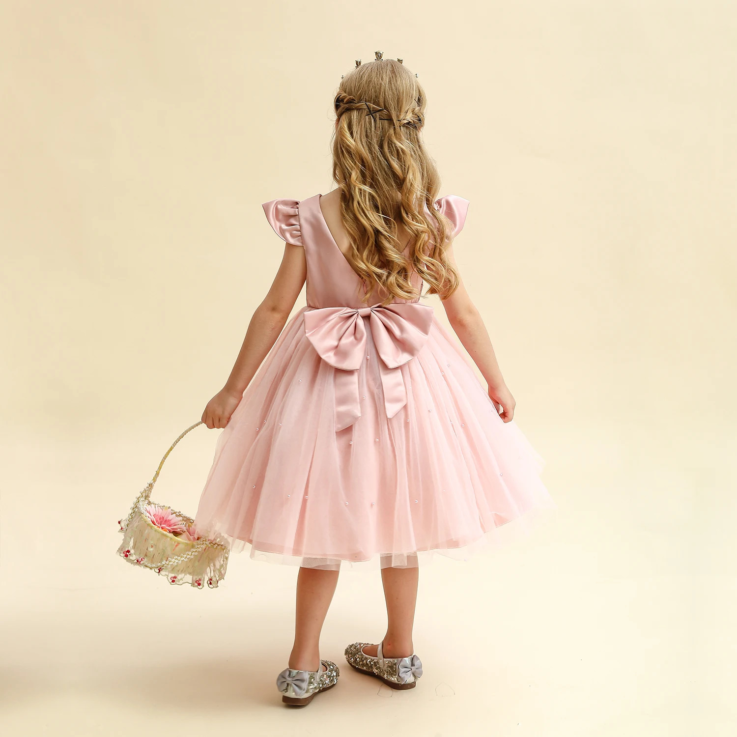 Toddler Girl Flower Birthday Tulle Dress Backless Bow Wedding Gown Kids Party Wear Princess Pink Dress Baby Girl Bowknot Dresses 250220