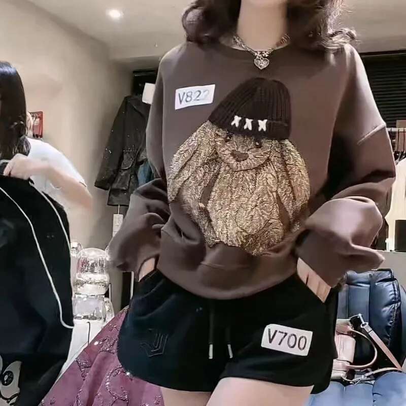 Clothes for Women Trendy Vintage Printed Chic All Match Sweatshirt Y2K Casual O Neck Long Sleeve Pullover Tops Streetwear Hoodie