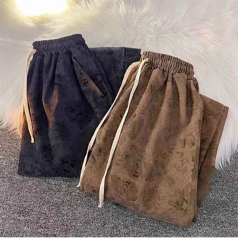Vintage Floral Corduroy Pants Streetwear Y2k Men Wide leg Oversize Harajuku Casual Straight Long Trousers Korean Fashion 250220