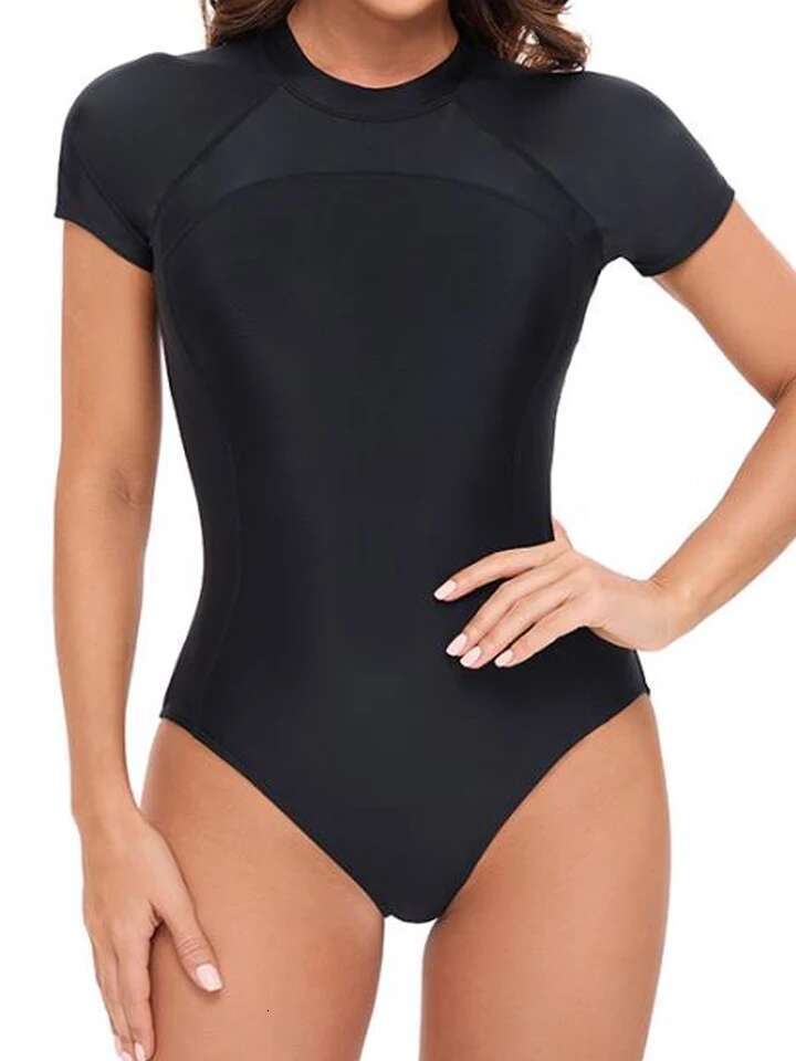 Female Surf Swimsuit Short Sleeve Bodysuit 2025 Solid Color Swimwear Women Zipper One Piece Rashguard Diving Clothes Bathing Swimming Suit