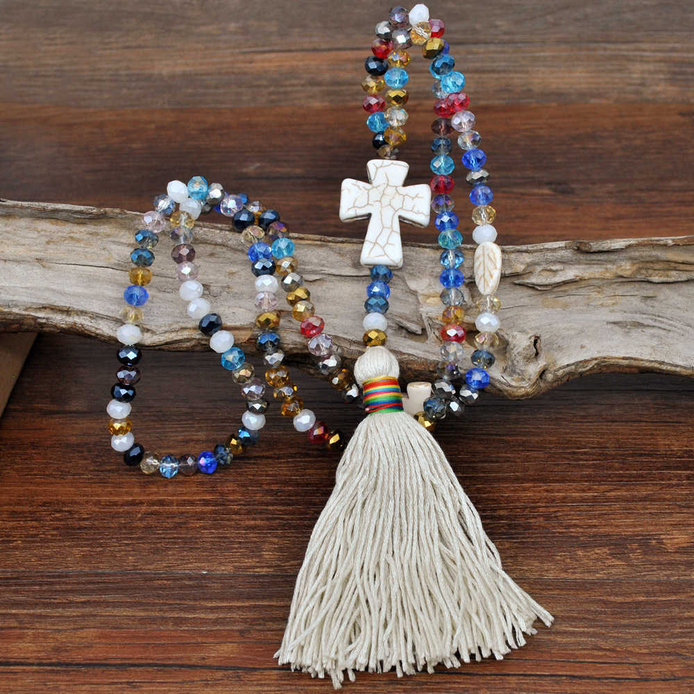 Pendant Necklaces Bohemian colored crystal necklace womens Cross tassel autumn and winter sweater chain jewelry H25219
