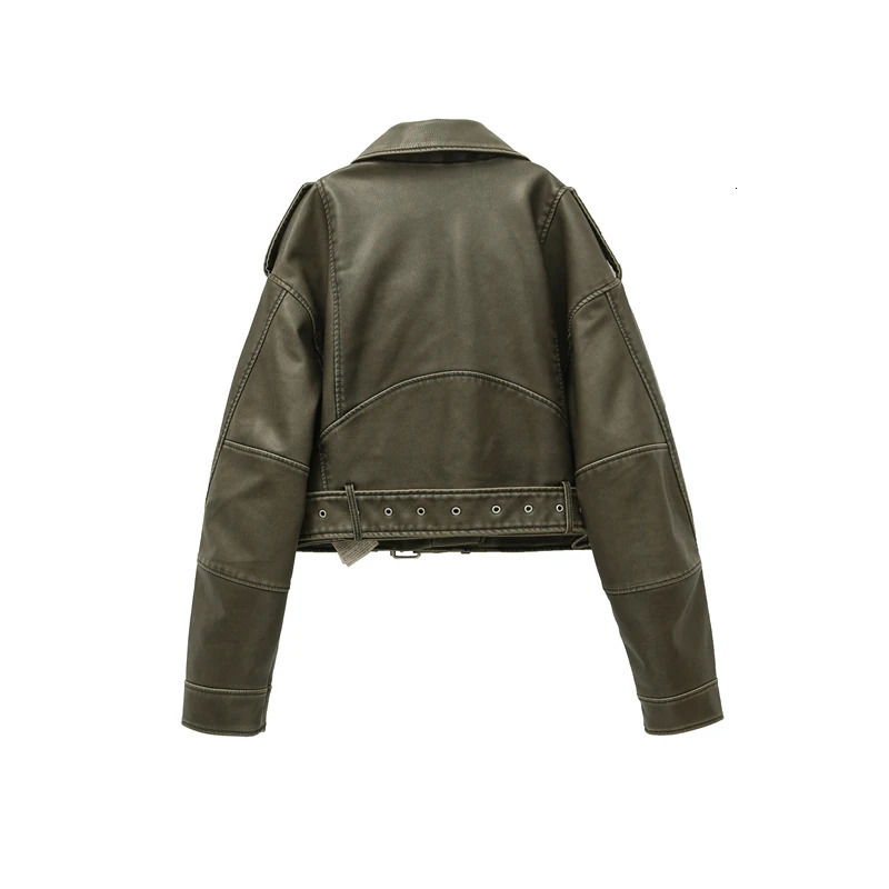 ZVRI Women Vintage Loose Pu Faux Leather Short Jacket with Belt Streetwear Female Zipper Retro Moto Biker Coat Outwear Tops 250219