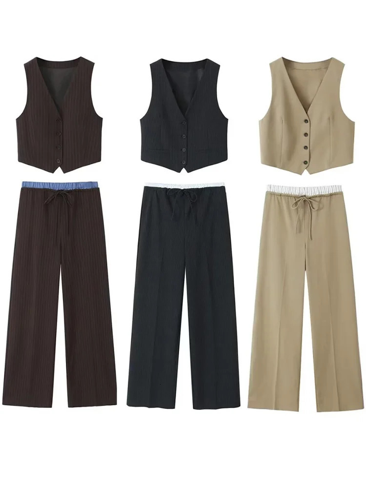 Willshela Women Fashion Two Piece Set Khaki Tank Tops Straight Leg Pants Vintage V-Neck Single Breasted Female Chic Pants Suit 250219