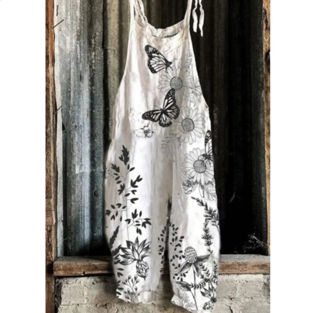 Womens Jumpsuits Summer Overalls Boho Vintage Print Square Neck Sleeveless Casual Rompers Pockets Wide-Leg Pants Womens Playsuit 250220