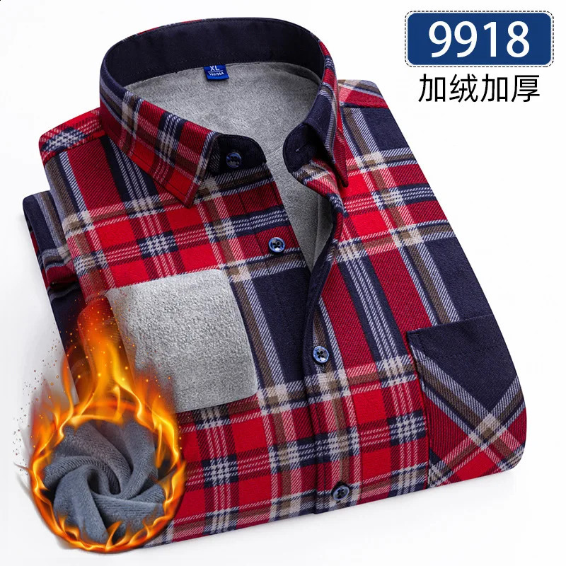 8XL 9XL plus fleece thick mens shirt Long sleeve autumn and winter casual free ironing breathable fashion plaid slim fit 250220