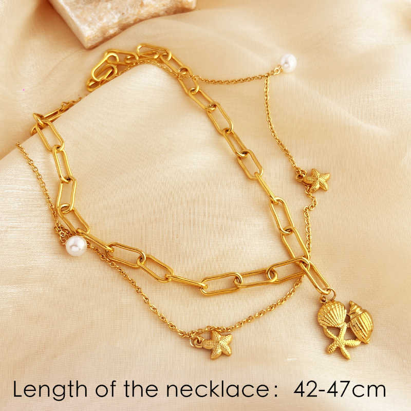 Pendant Necklaces Summer New Double layered Ocean Pendant Necklace Stainless Steel Plated 18K Gold Shell Conch Beach Jewelry H25219