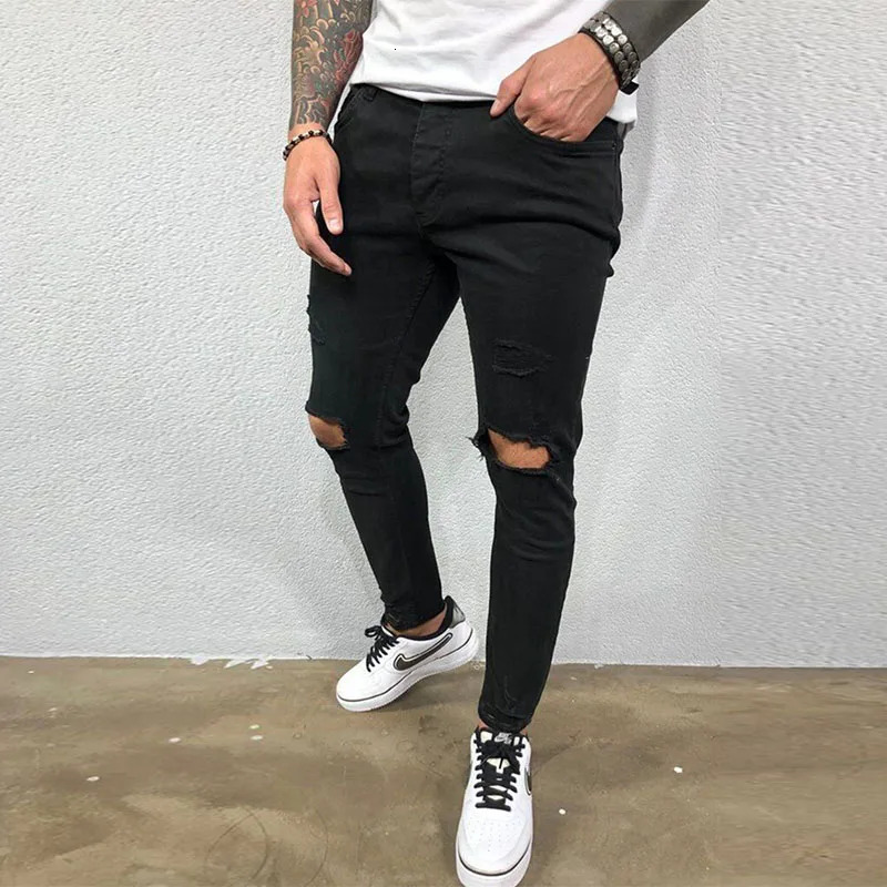 Men Jeans Knee Hole Ripped Stretch Skinny Denim Pants Solid Color Black Blue Autumn Summer HipHop Style Slim Fit Trousers S4XL 250219