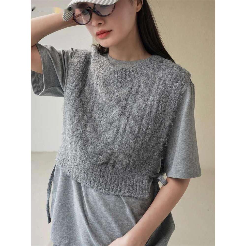 2025 Early Spring Vintage Twisted Double Sided Tie Rope Short Knitted Vest Women Loose Sleeveless Sweater Apricot/Gray