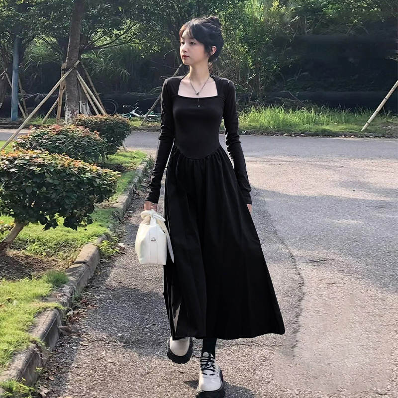 G211620 black French long-sleeved Hepburn style waisted long skirt spring women's cotton high-end spring and autumn design dress