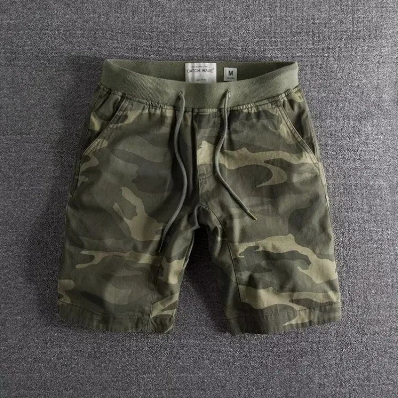 Mens cargo shorts with elastic waist camouflage drawstring shorts mens camouflage green er comfortable clothing Y2k style 250220