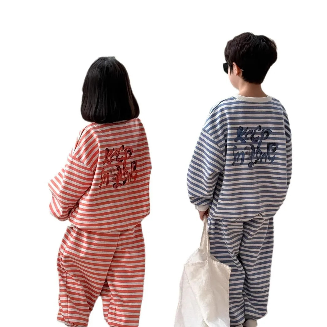 Ins Spring Children Girl 2PCS Clothes Set Letter Printed Stripe Long Sleeve Sweatshirt Suit Loose Sports Pant Kid Girl Tracksuit 250219