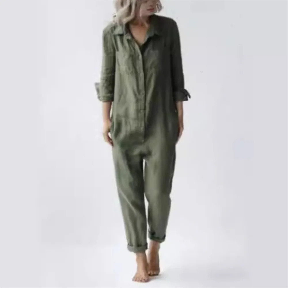 Fashion cotton linen long sleeved pocket jumpsuit for womens autumn casual loose solid color jumpsuit for womens military jumpsuit 250220