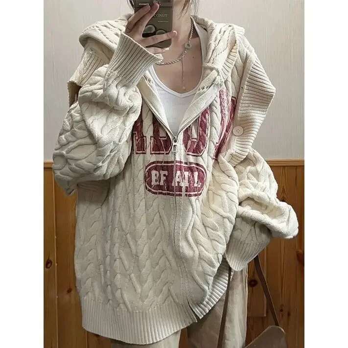 Hip Hop Streetwear Oversized Sweater Women Letter Cardigan Autumn And Winter Versatile Detachable Knit Loose Pullover Y2k Top