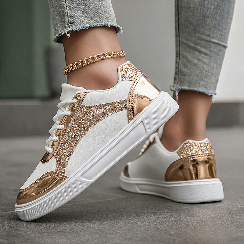 New Plus Size Fashion Style Designer Shoes White Autumn Color Blocked Sequins Personalized Student Flat Bottom Casual Sports Shoes White Shoes