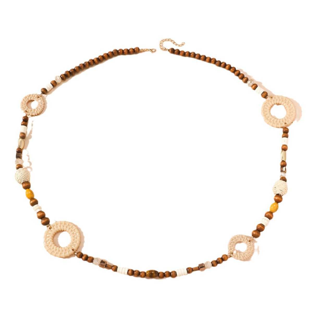 Pendant Necklaces Fashionable and versatile ethnic style accessories Bohemian vacation style random wooden bead string woven grass long necklace H2521