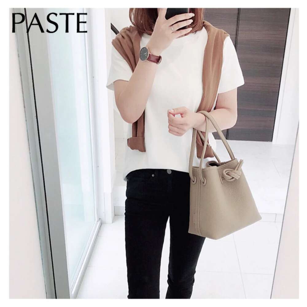 Stylish String Close Tote Small 100% Natural Cow Leather Women's Hand Denim Blue Beige High Quality Ladies Shoulder Bag