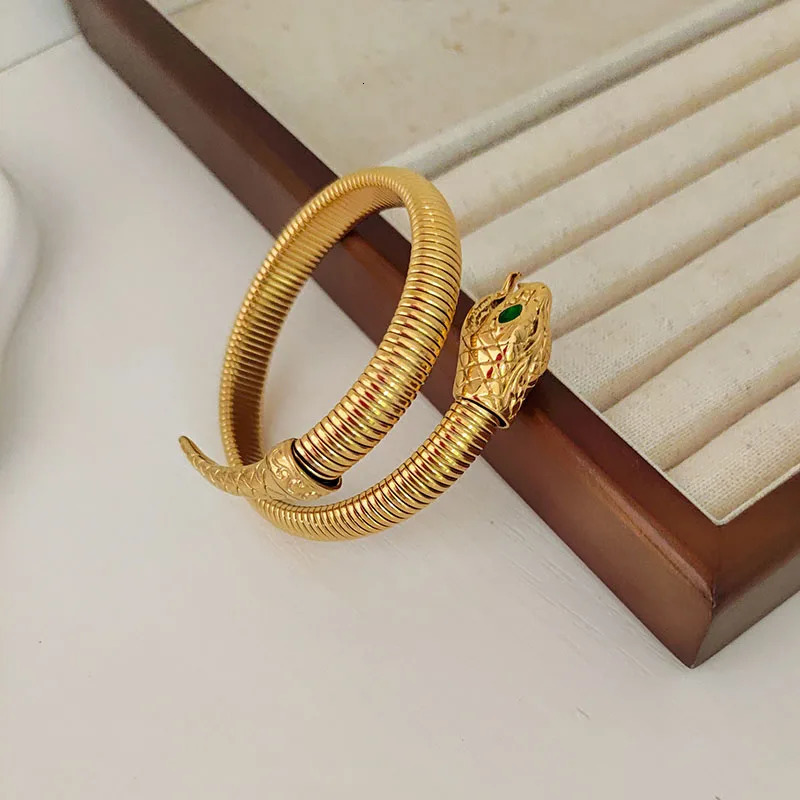 Green black cz eye elastic wrap bangles stainless steel snake bangles for women vintage stainless steel jewelry in 250220
