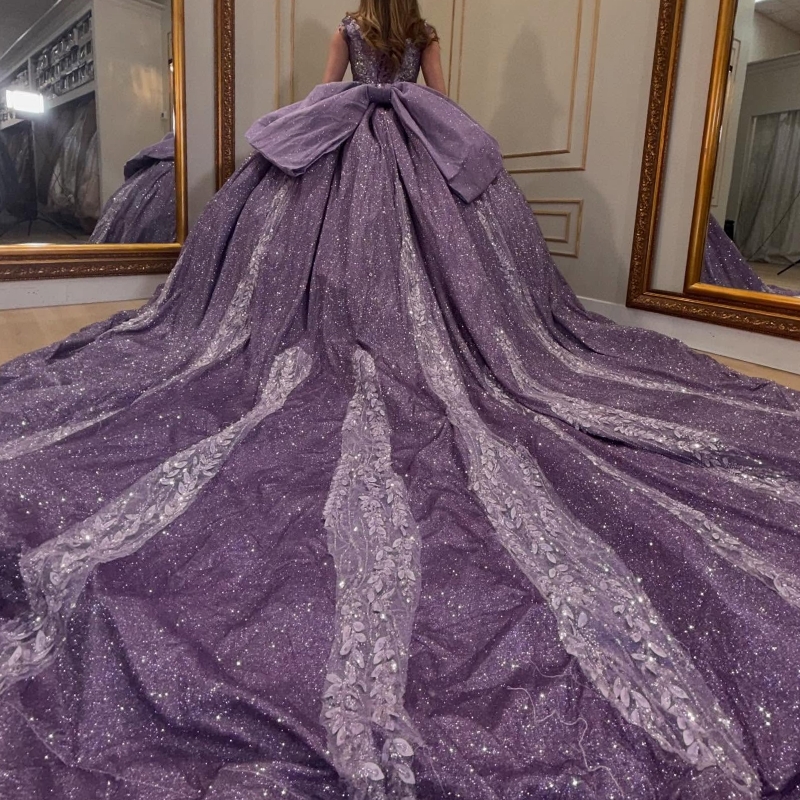 Lilac Shiny Quinceanera Dresses Ball Gown Off Shoulder Appliques Lace Beading Crystal Tull Sweet 16 Dress Vestidos 15 de anos