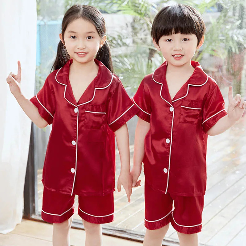 Children Pajamas Sets Satin Silk Boy Pijama Toddler Girl Pyjama Navy Blue Night Clothing Kids Lounge Wear Summer Short Pjs 250219