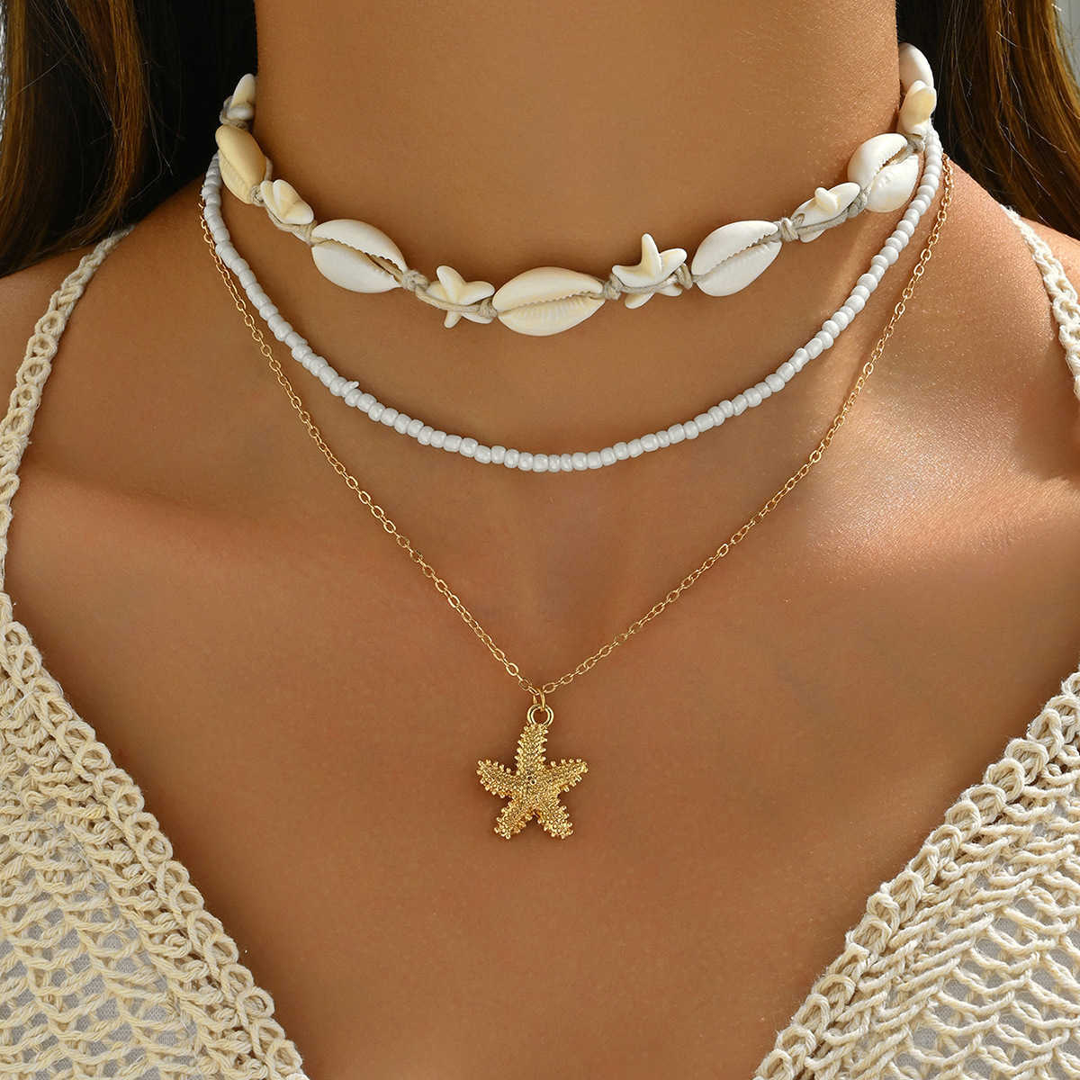 Pendant Necklaces Summer Bohemian style necklace shell jewelry beach vacation shell starfish fish tail pendant collarbone chain H25219