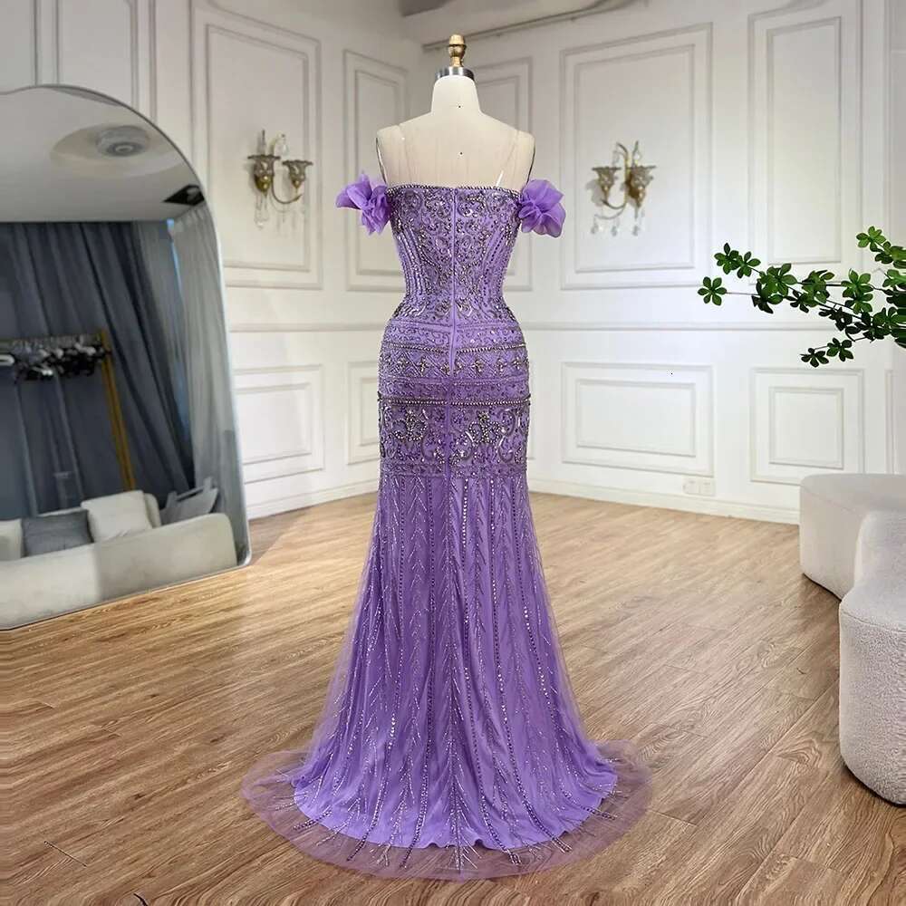 Purple Arabic Spaghetti Strap High Split Mermaid Beaded Evening Dresses Gown Prom Party Customize BLA