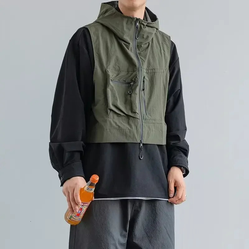Cityboy Japanese Style Cropped Vest Jacket Mens American Style Summer Thin Hooded Functional Multi-pocket Vest Casual Scene 250219