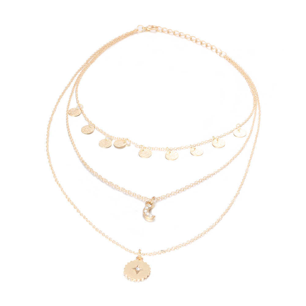 Pendant Necklaces Bohemia new fashion personality inlaid diamond moon sun small disc pendant multilayer Necklace H25219