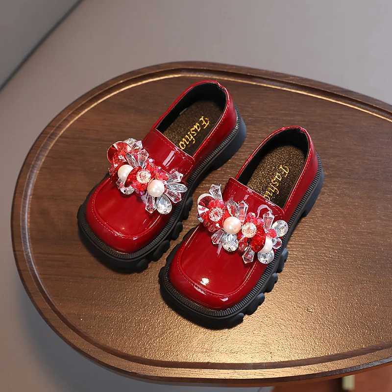 Autumn Girls Loafers Platform Crystal Beading Beautiful Children Leather Shoes Three Colors 23-36 Infant Square Toe Kids Shoes X250220