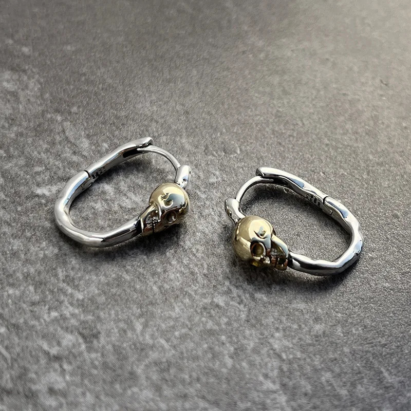 Silvology Real 925 sterling silver gothic punk rock skull ring earrings retro womens two tone earrings fashion jewelry 250219