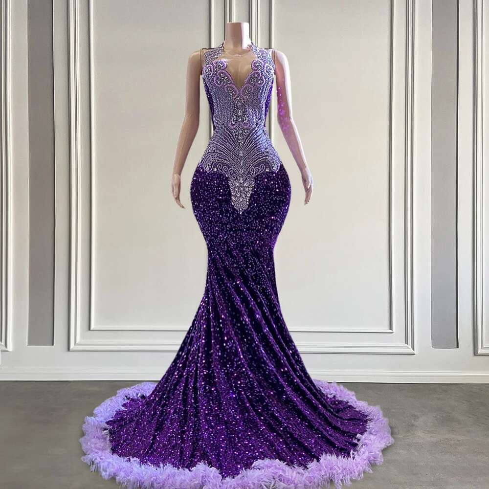 Sparkly Purple Sequins Mermaid Ball Dress Black Girls 2025 The Rhinestone Crystal Feather Long Prom Custom Birthday Dresses