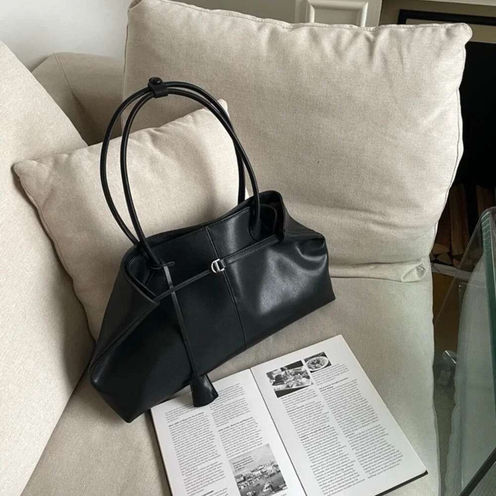 Retro Black Transform Huge Travel Tote 46Cm Simple Cowhide Leather Women Handbag Long Handle Stylish Euro Armpit Shoulder Bag