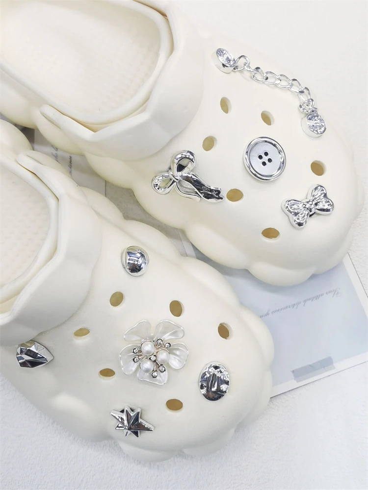 9PCS Shoe Charms ABS Decorations Accessories DIY Clog Buckle Shoes Silvery Bow Chain Ornaments For Lady Bubble Slides 250219