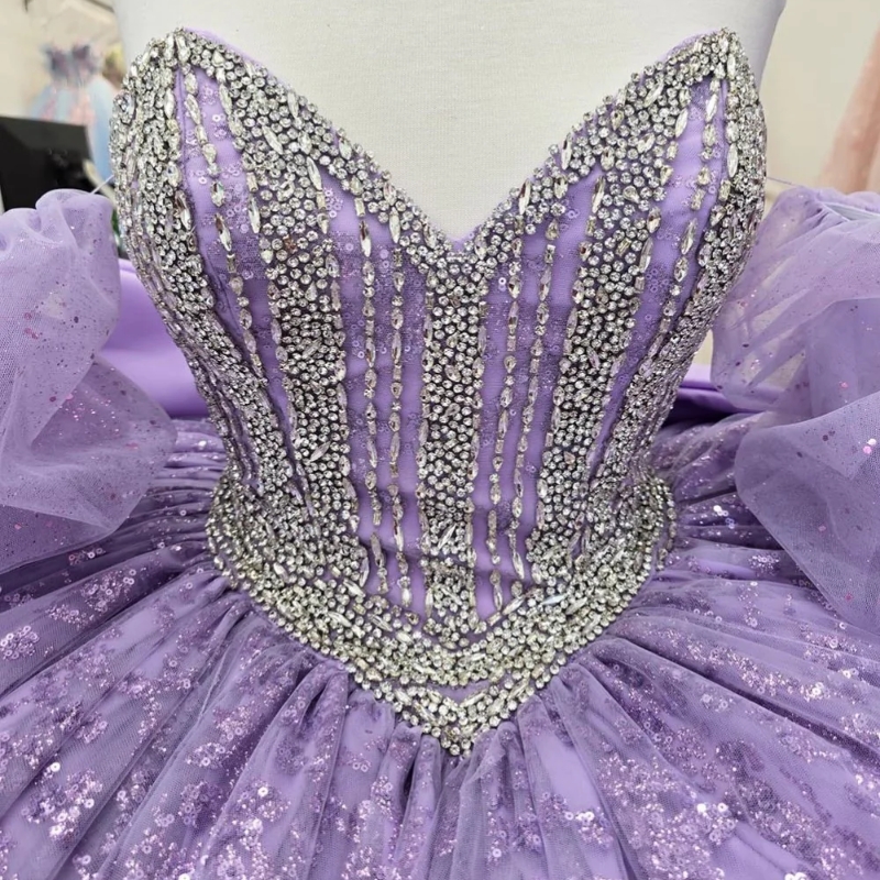 Lavender Shiny Quinceanera Dresses Ball Gown Off The Shoulder Sequin Applique Lace Beading Crystal Bow Tull Party Birthday Sweet 16 Dress Vestido De 1