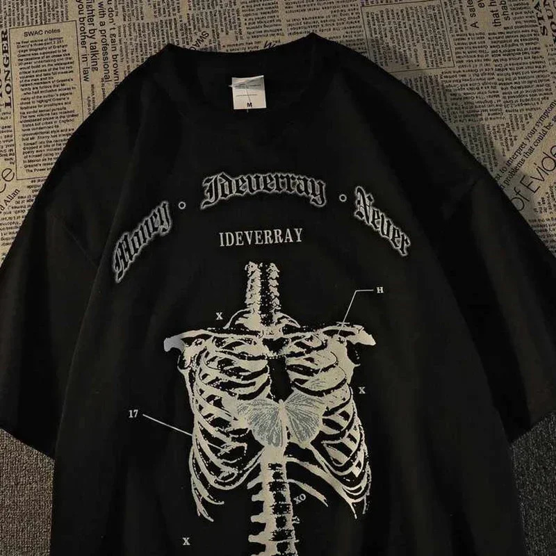 Grunge Aesthetic Women T Shirt Goth Skeleton Print Short Sleeve FemaleTShirts Dark Fashion Streetwear Graphic Tee Unisex Tops 250214