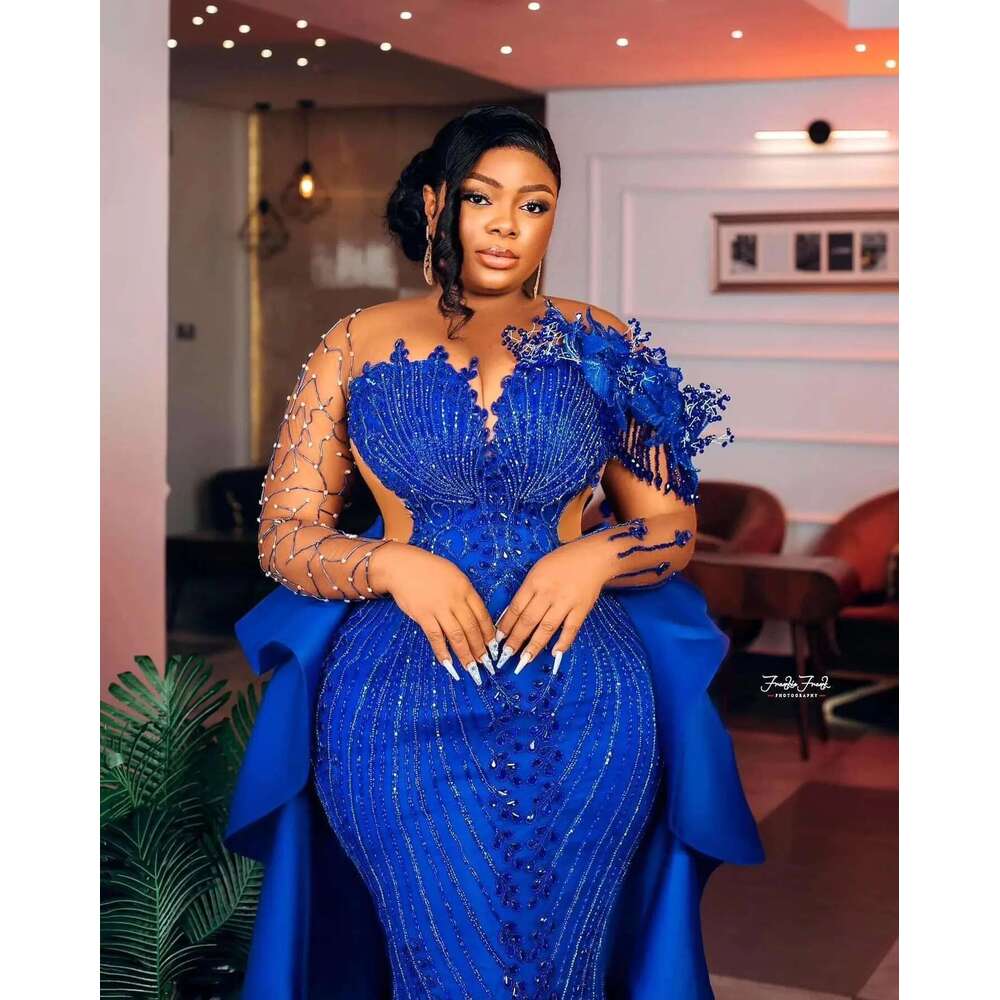Mermaid African Frissade Wedding Full Sleeves, Long Prom Dresses, Detachable Train, Bright Ebi Ass, Royal Blue