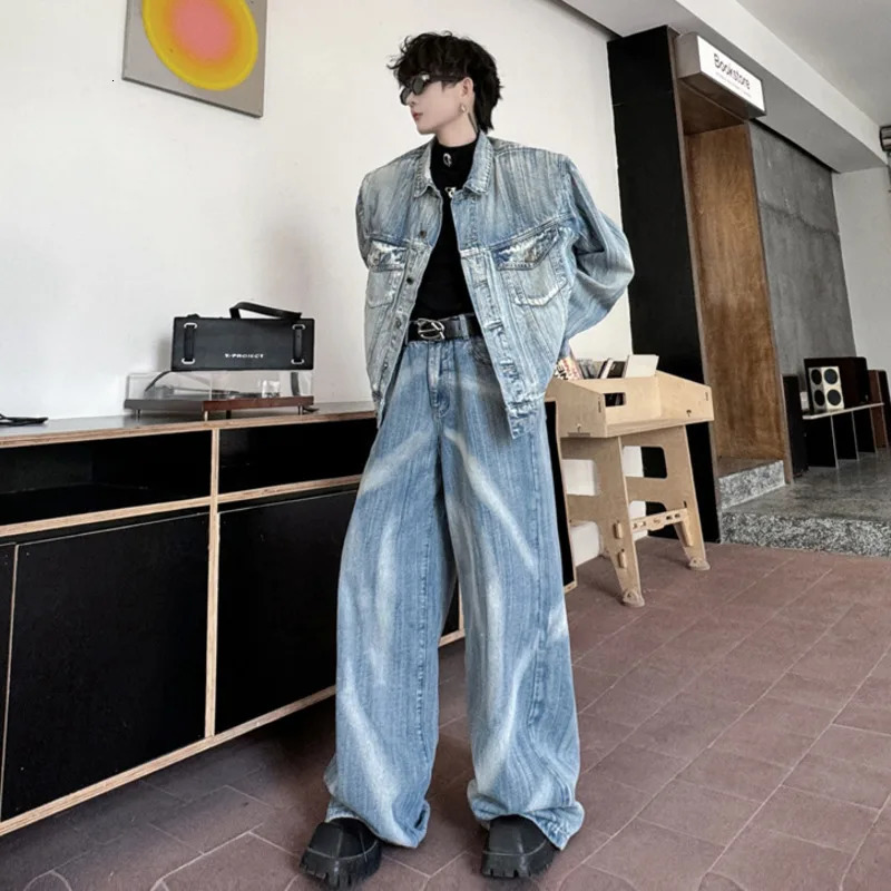 PFNW Two-piece Mens Paint Turn-down Collar Single Breasted Denim Jackets Loose Chic Straight Wide Leg Jeans High Street 9C7502 250220
