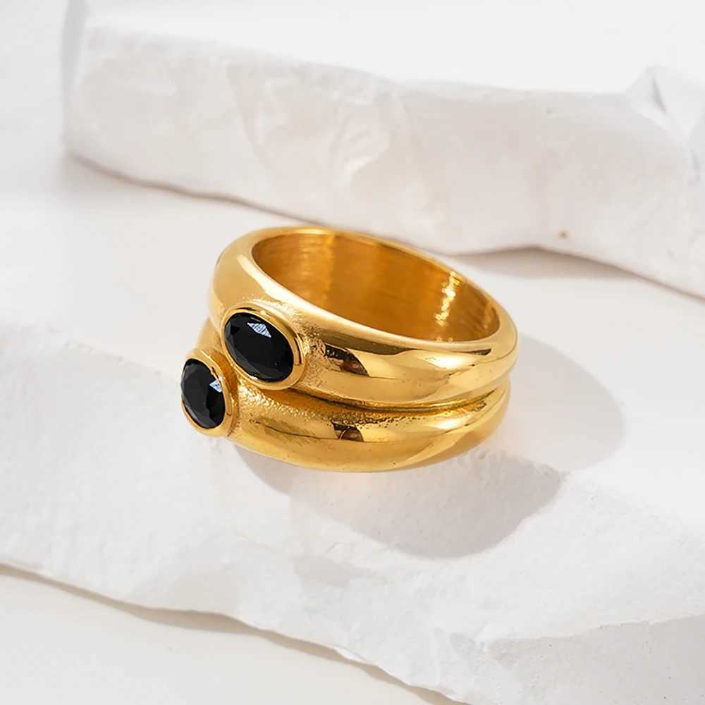 Vintage Stainless Steel Ring 14k Gold Plated Inlaid Zirconia White Emerald Or Black Match Daily Outfits Party Accessory X2502201