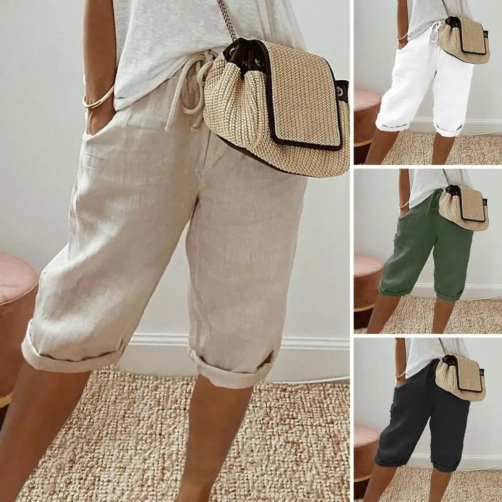 Womens Shorts Vintage Style Loose Drawstring Kneelength Pants for Ladies Breathable Elastic Waist with Pockets A Wardrobe 250214