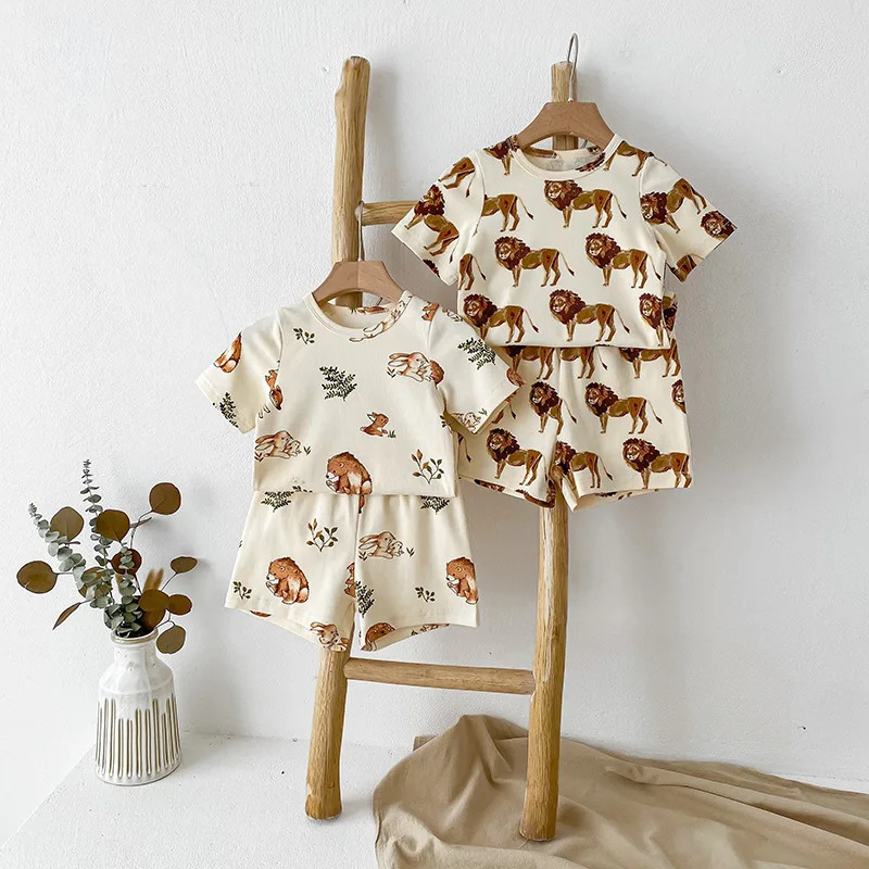 Summer Childrens Pajamas Boys Pure Cotton Short Sleeve Shorts 2-Pcs Set For Home Wear Girls Sleepwear Suit 250219