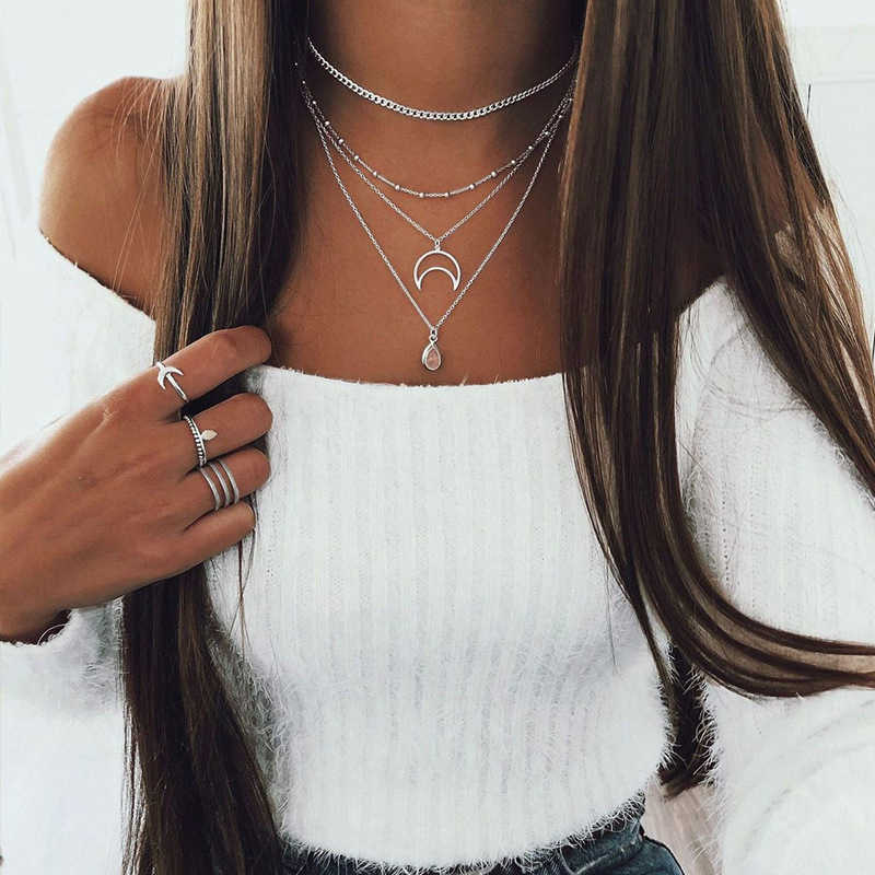 Pendant Necklaces Fashionable womens Bohemian moon multi-layered necklace simple and personalized pendant necklace H25219